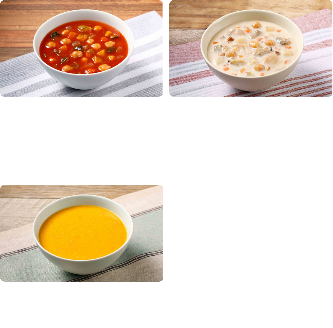 あらごしトマトと６種野菜のミネストローネ 具だくさんのクラムチャウダー 12種野菜の濃厚ポタージュ