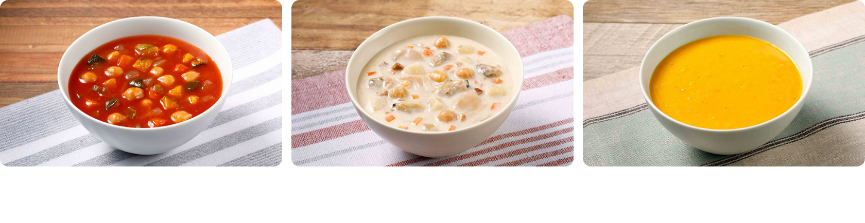 あらごしトマトと６種野菜のミネストローネ 具だくさんのクラムチャウダー 12種野菜の濃厚ポタージュ