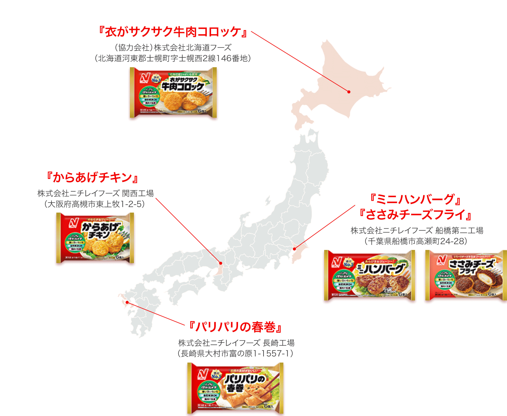 『衣がサクサク牛肉コロッケ』（協力会社）株式会社北海道フーズ（北海道河東郡士幌町字士幌西2線146番地） 『ミニハンバーグ』『ささみチーズフライ』株式会社ニチレイフーズ 船橋第二工場（千葉県船橋市高瀬町24-28） 『からあげチキン』株式会社ニチレイフーズ 関西工場（大阪府高槻市東上牧1-2-5） 『パリパリの春巻』株式会社ニチレイフーズ 長崎工場（長崎県大村市富の原1-1557-1）