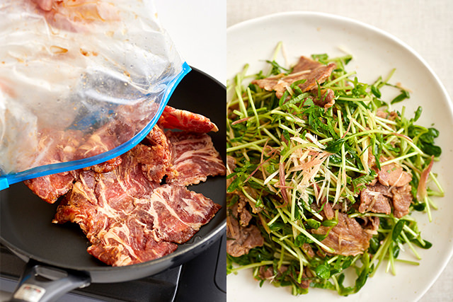 冷凍した豚薄切り肉を炒める写真と豚の生姜焼きと香味野菜和えの写真