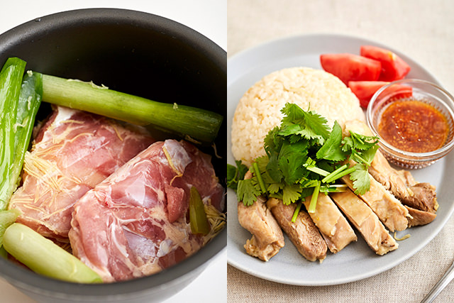 豚薄切り肉に調味液をかけている写真