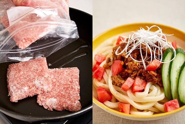凍ったままの豚挽き肉をフライパン入れた写真と肉みそジャージャーうどんの写真