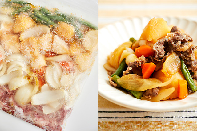 冷凍の肉じゃがの材料と肉じゃがの完成写真