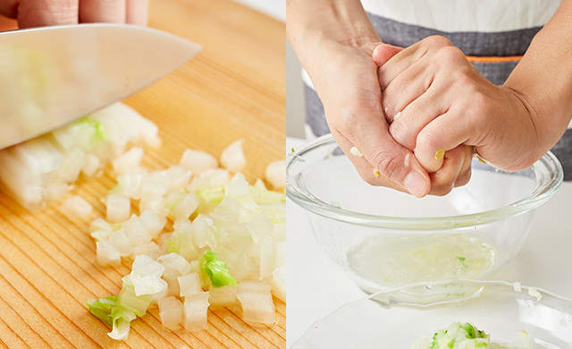 白菜をみじん切りにしている写真、白菜の水気を絞っている写真
