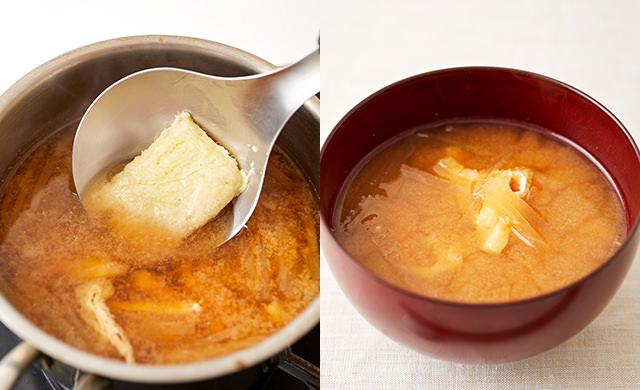 冷凍すりおろし生姜を味噌汁に入れる写真、生姜入り味噌汁の写真