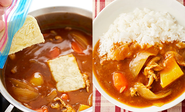 冷凍すりおろし生姜をカレーに入れる写真、生姜入りカレーの写真