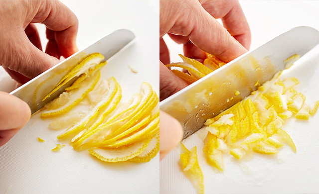 ゆずを薄切りにしている写真、ゆずを細かく刻んでいる写真