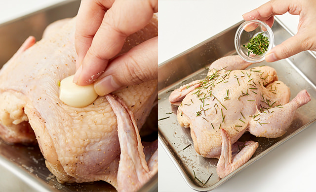 にんにくをすりこんでいる写真、ハーブをまぶしている写真