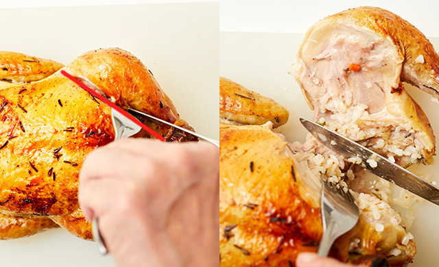 股関節に向けてナイフを入れている写真、股関節を外し終わった写真