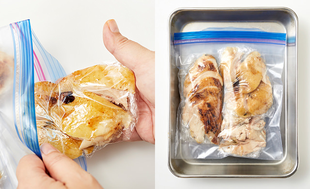 冷凍用保存袋に入れている写真、バットに乗せている写真