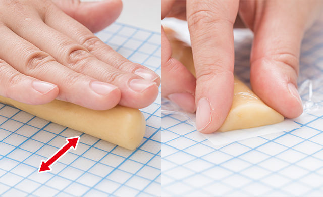 転がしているところ / かまぼこ型に整えているところ