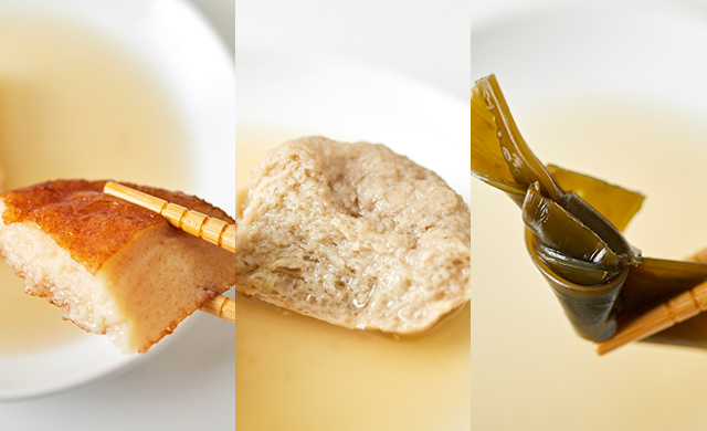 冷凍後のさつまあげ、つみれ、昆布の写真