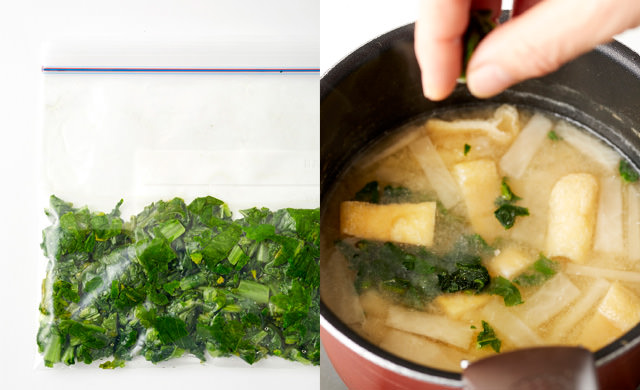 保存袋に入れた大根葉の写真(左)味噌汁に大根葉を入れる写真(右)