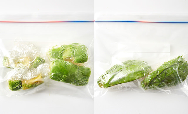 ダイス切りのアボカドを保存袋に入れた写真/スライスのアボカドを保存袋に入れた写真