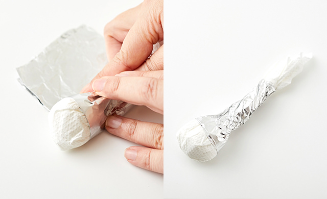 アルミホイルを巻いているところ/たこ坊主の完成