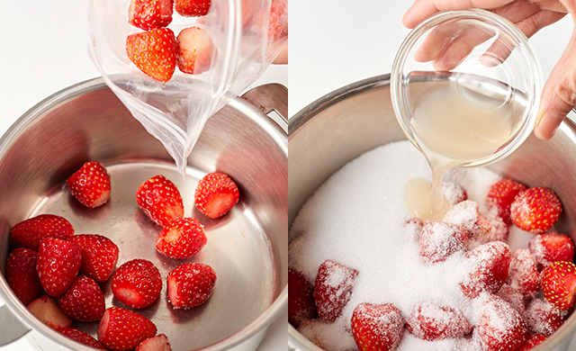 冷凍いちごを鍋に入れる写真/レモン汁を加える写真