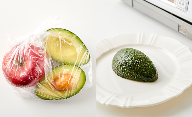 左・ポリ袋に入れたりんごとアボカドの写真/右・皿に入れたアボカドの写真