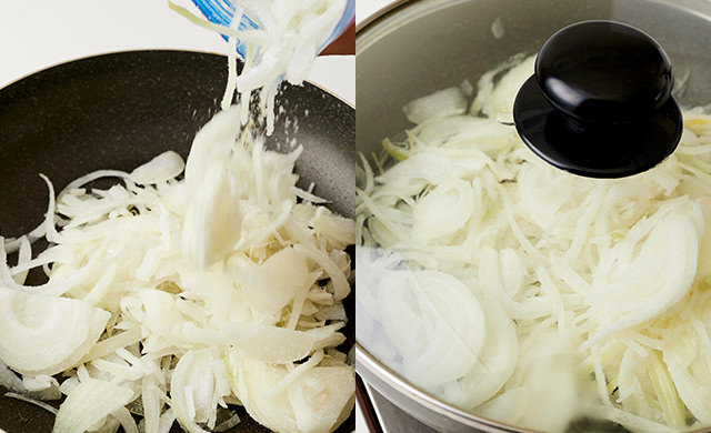 冷凍玉ねぎをフライパンに入れる写真/ふたをして溶かしている写真