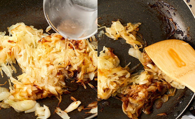 水を加える写真/焦げをこそぎ取る写真