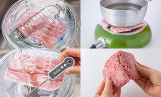 ボウルに冷凍肉を入れ、ペットボトルで重しをしながら流水解凍している写真/ボウルに冷凍肉を入れ、流水解凍している写真/デジタル温度計で測りながらぬるま湯流水解凍をしている写真/半解凍状態の合いびき肉を手で割っている写真