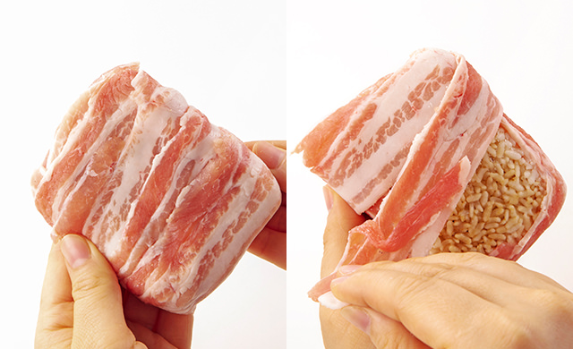 残りの豚バラ薄切り肉を冷凍ごはんにらせん状に巻きつけている写真/冷凍ごはんに豚バラ薄切り肉を巻きつけた写真