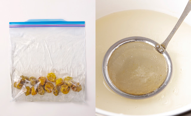 氷砂糖が8割程度溶けた梅シロップの写真（左）アクを取り除いている写真（右）