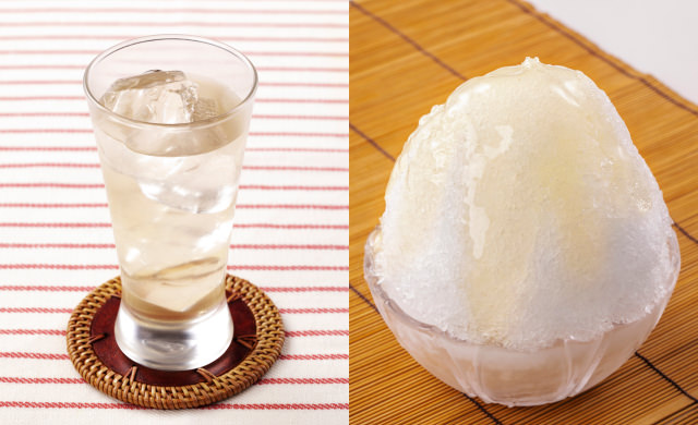 梅シロップの炭酸割りの写真（左）梅シロップのかき氷の写真（右）