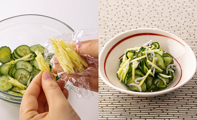 薄切りきゅうりに冷凍した千切り生姜を入れている写真/きゅうりとしらすの生姜和えの写真