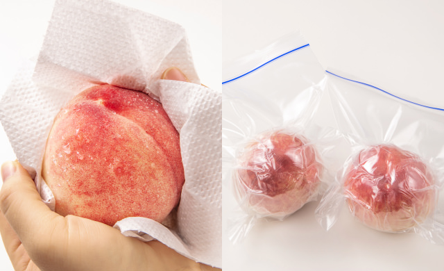 キッチンペーパーでやさしく水気をふいている写真（左）１個ずつラップで包んで冷凍用保存袋に入れた写真（右）