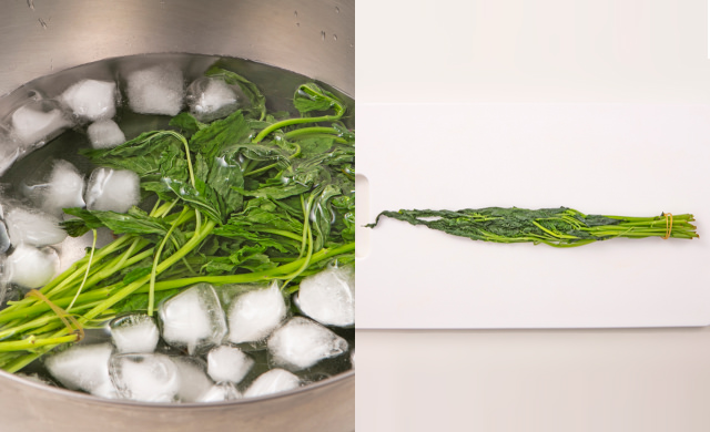 ゆでたモロヘイヤを氷水にさらしている写真（左）ゆでたモロヘイヤを絞り、まな板にあげた写真（右）