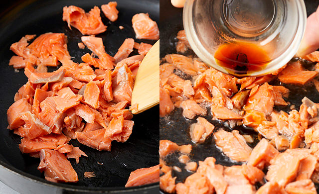 フライパンの上で鮭をほぐしている写真（左）フライパンの上で鮭をほぐしたあと、酒とみりんをいれ、最後に醤油をいれている写真（右）