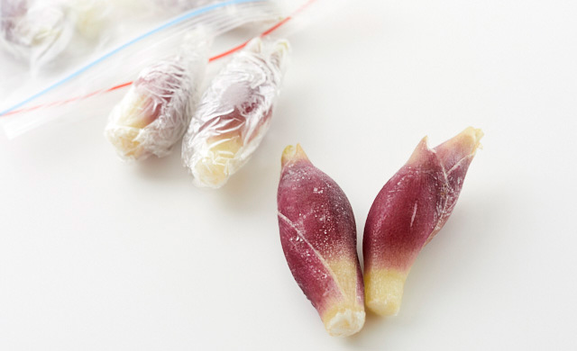 手前にラップを外した冷凍みょうが、奥にラップに包んだ冷凍みょうがの写真