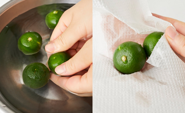 水を入れたボウルの中ですだちを洗っている写真/キッチンペーパーですだちの水気を拭き取っている写真