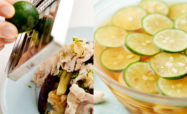 豚しゃぶサラダに、丸ごと冷凍すだちを凍ったまますりおろしている写真/素うどんに、丸ごと冷凍すだちを輪切りにしてのせた写真