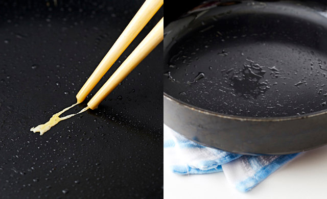 熱したフライパンに菜箸につけた卵液を落とし、じゅわっと熱している写真/フライパンを一度火からおろして濡れ布巾の上においている写真