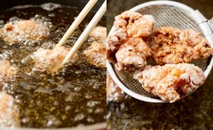 180℃に上げた揚げ油で唐揚げを揚げている写真と網じゃくしですくっている写真