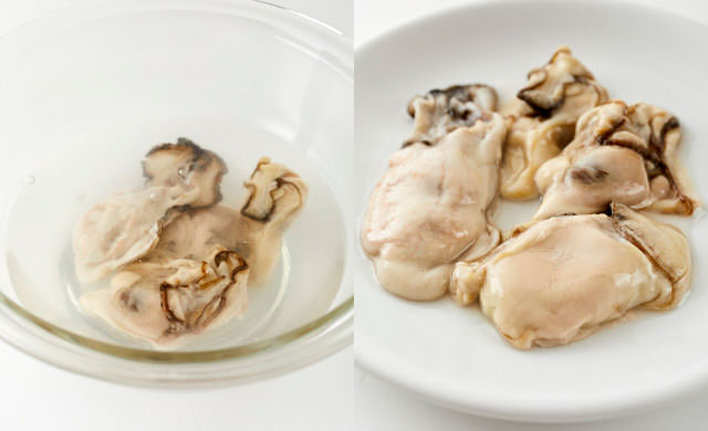 冷凍牡蠣を塩水解凍する写真