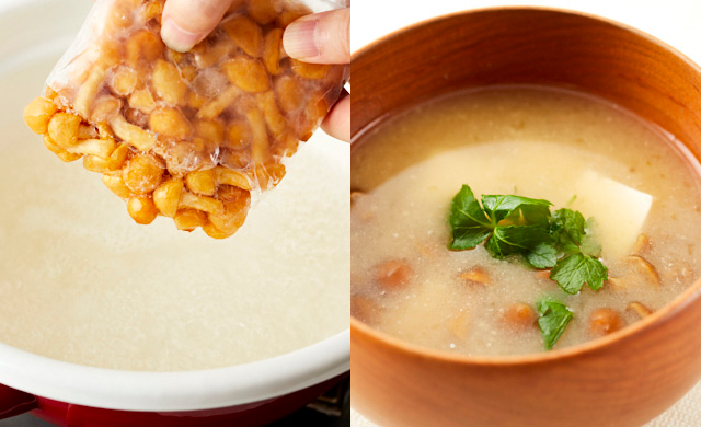 冷凍したなめこを鍋のだし汁に投入している写真（左）なめこの味噌汁の写真（右）