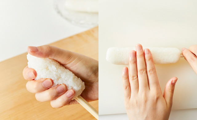 丸めたごはんを割り箸に刺して細長く伸ばしている写真(左)まな板の上でかたちを整えている写真(右)