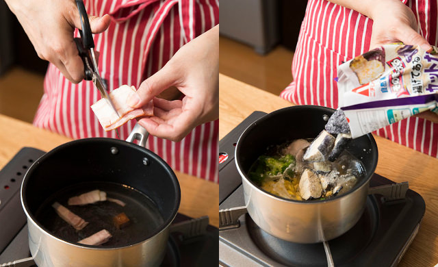 ベーコンを切っている写真（左）冷凍ブロッコリーを鍋に入れている写真（右）