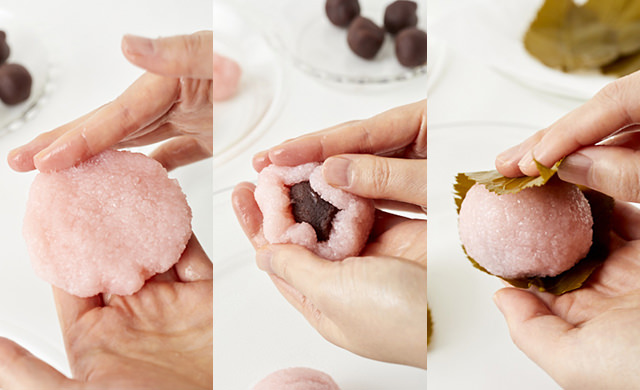 生地を広げている写真/生地でこしあんを包んでいる写真/桜の葉の塩漬けで生地を包んでいる写真