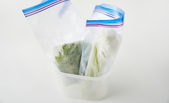 セロリをプラスチックケースに立てて入れている写真