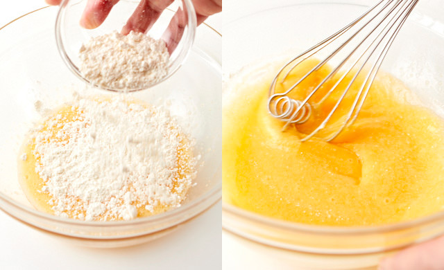 小麦粉をふり入れ、泡立て器で混ぜた写真
