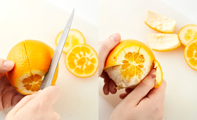 オレンジの皮をむいている写真