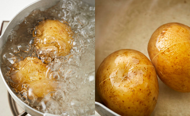 水からじゃがいもをゆでる写真