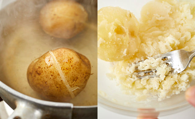 じゃがいもを30分ゆでて、フォークでつぶしている写真