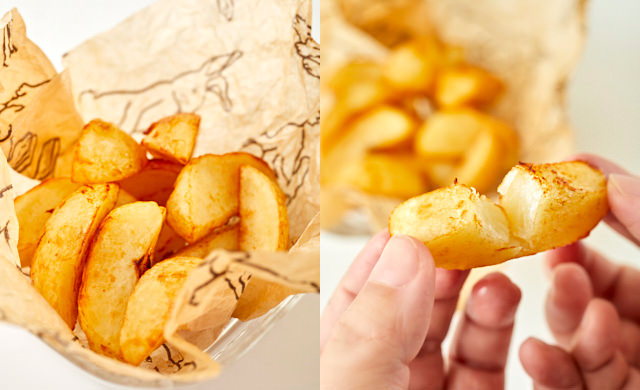 フライドポテトの出来上がりと割って見せている写真