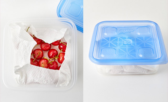 さくらんぼを保存容器に入れた写真・さくらんぼを入れた保存容器にふたをした写真