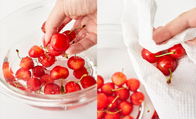 さくらんぼを洗っている写真・さくらんぼをキッチンペーパーで拭いている写真
