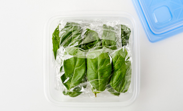 バジルの葉を冷凍用保存容器に納めた写真